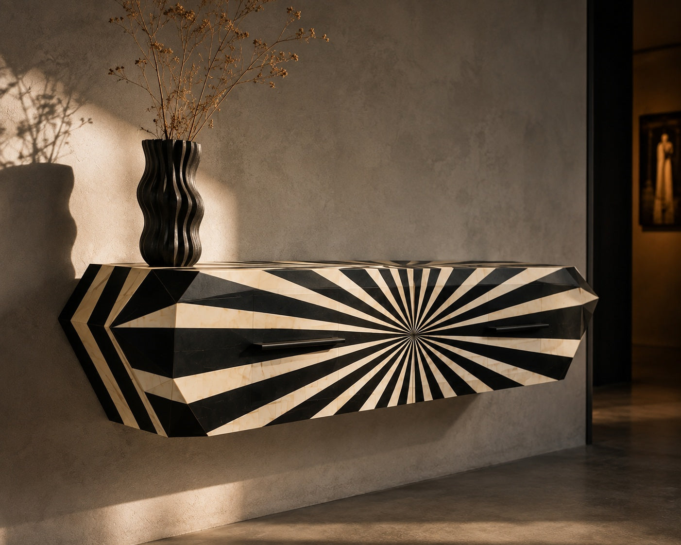 Bone Inlay Floating Console Table | Black & White Sunburst