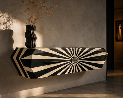 Bone Inlay Floating Console Table | Black & White Sunburst