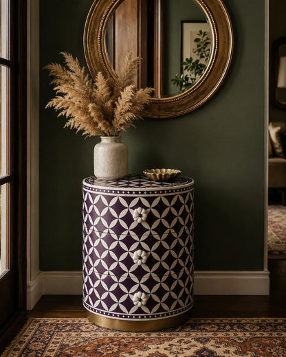 Round Bone Inlay Nightstand | Purple Moroccan 3-Drawer Table