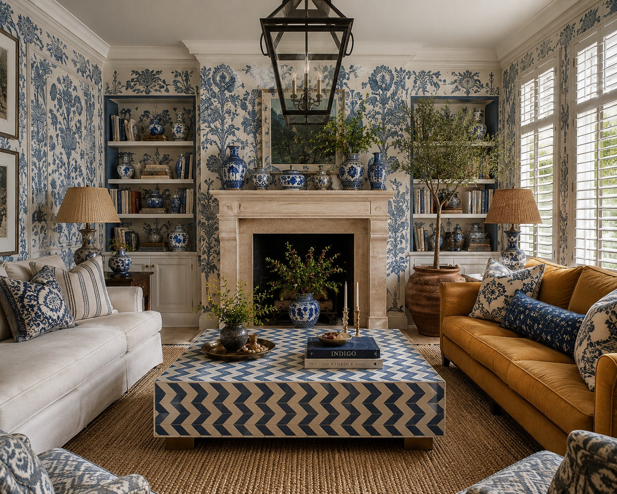 Navy Blue Bone Inlay Coffee Table | Chevron Rectangular