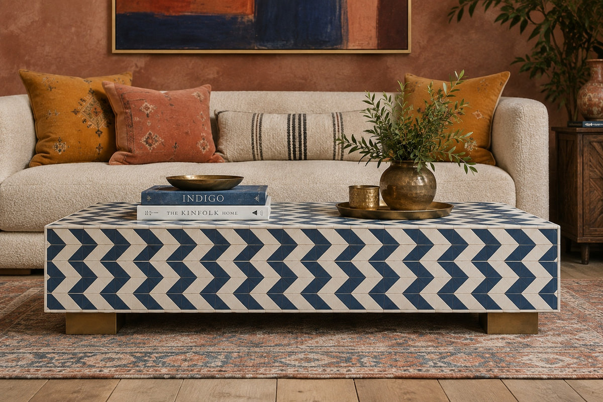 Navy Blue Bone Inlay Coffee Table | Chevron Rectangular