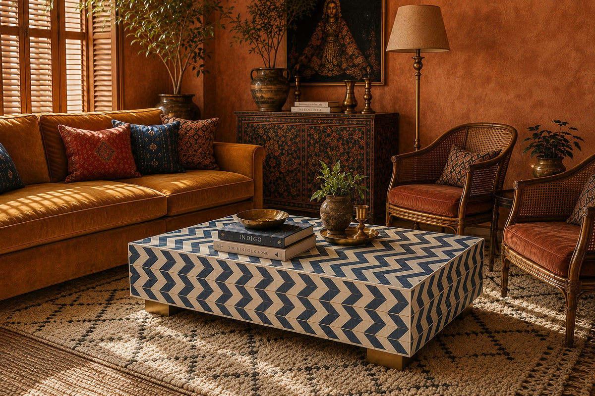 Navy Blue Bone Inlay Coffee Table | Chevron Rectangular