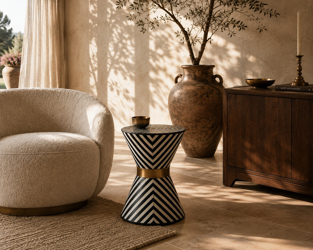 Black & White Bone Inlay Side Table | Chevron Hourglass with Brass Band