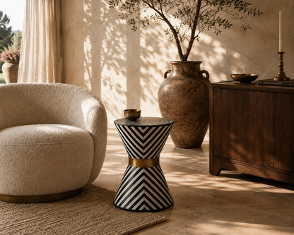 Black & White Bone Inlay Side Table | Chevron Hourglass with Brass Band
