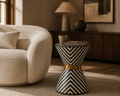 Black & White Bone Inlay Side Table | Chevron Hourglass with Brass Band