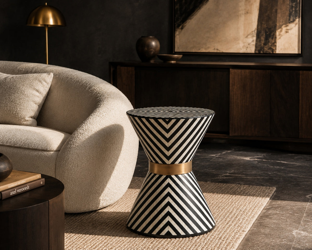Black & White Bone Inlay Side Table | Chevron Hourglass with Brass Band