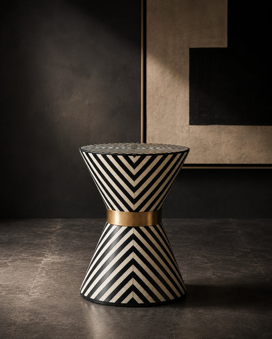Black & White Bone Inlay Side Table | Chevron Hourglass with Brass Band