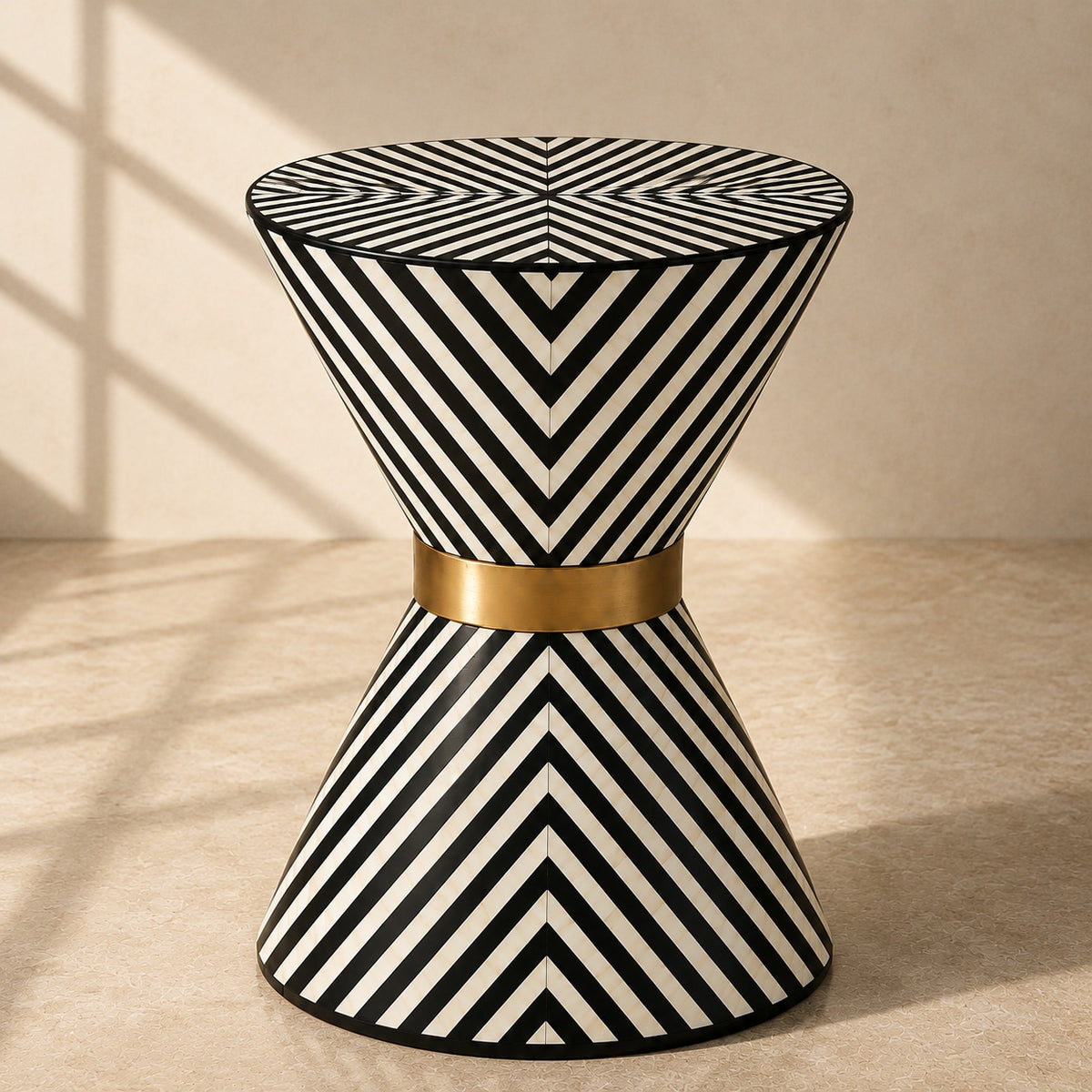 Black & White Bone Inlay Side Table | Chevron Hourglass with Brass Band