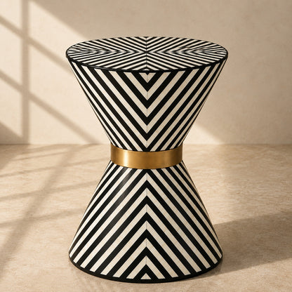 Black & White Bone Inlay Side Table | Chevron Hourglass with Brass Band