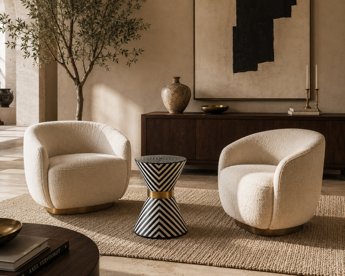 Black & White Bone Inlay Side Table | Chevron Hourglass with Brass Band