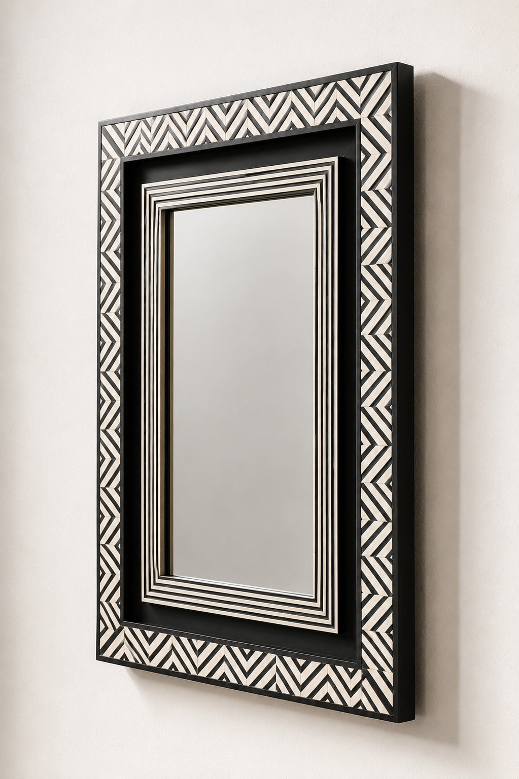 Black & White Bone Inlay Wall Mirror | Chevron Rectangular Frame