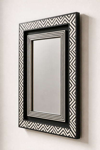 Black & White Bone Inlay Wall Mirror | Chevron Rectangular Frame