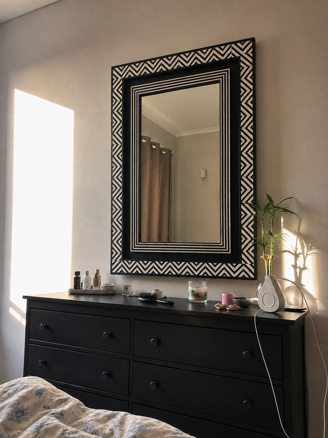 Black & White Bone Inlay Wall Mirror | Chevron Rectangular Frame
