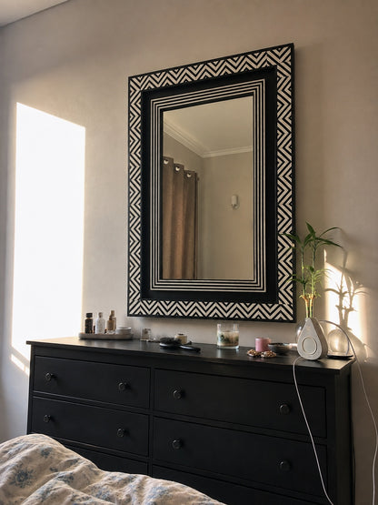 Black & White Bone Inlay Wall Mirror | Chevron Rectangular Frame