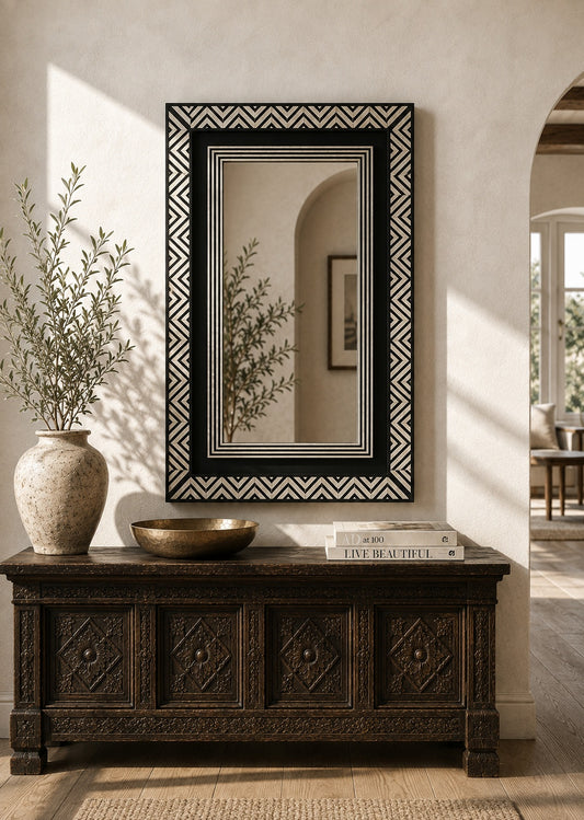 Black & White Bone Inlay Wall Mirror | Chevron Rectangular Frame