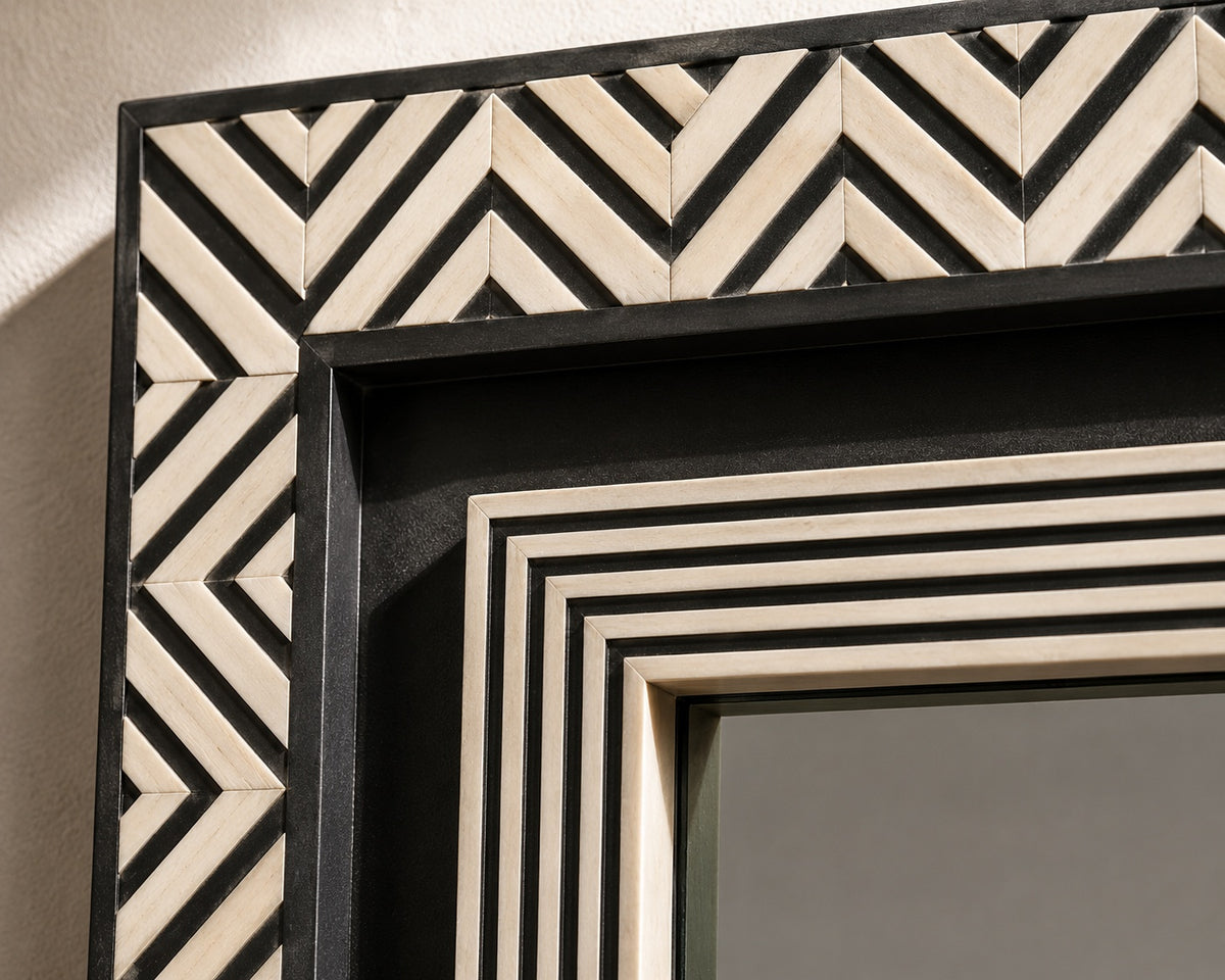 Black & White Bone Inlay Wall Mirror | Chevron Rectangular Frame