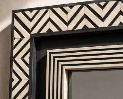 Black & White Bone Inlay Wall Mirror | Chevron Rectangular Frame