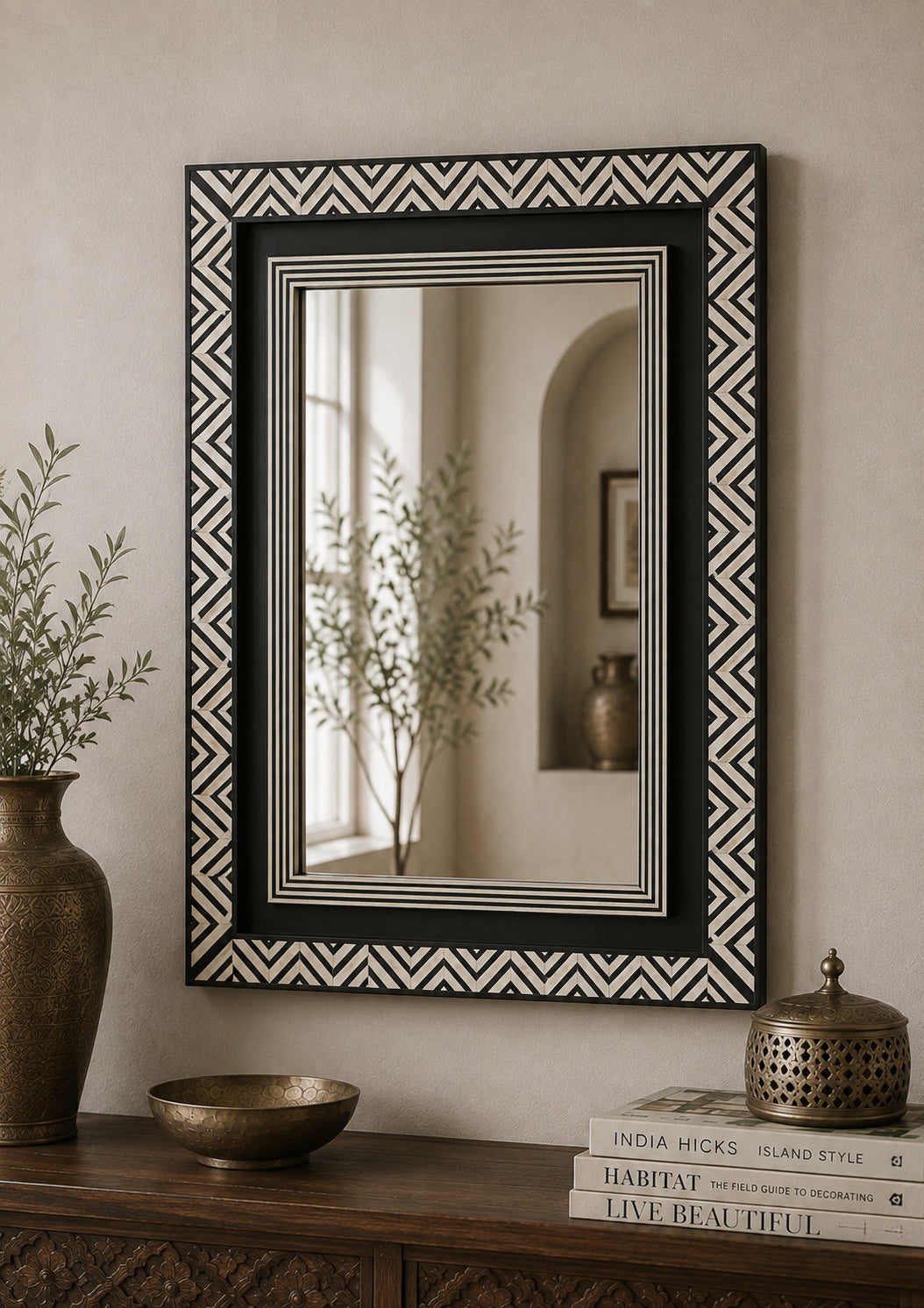 Black & White Bone Inlay Wall Mirror | Chevron Rectangular Frame