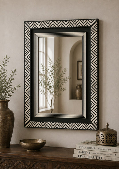 Black & White Bone Inlay Wall Mirror | Chevron Rectangular Frame