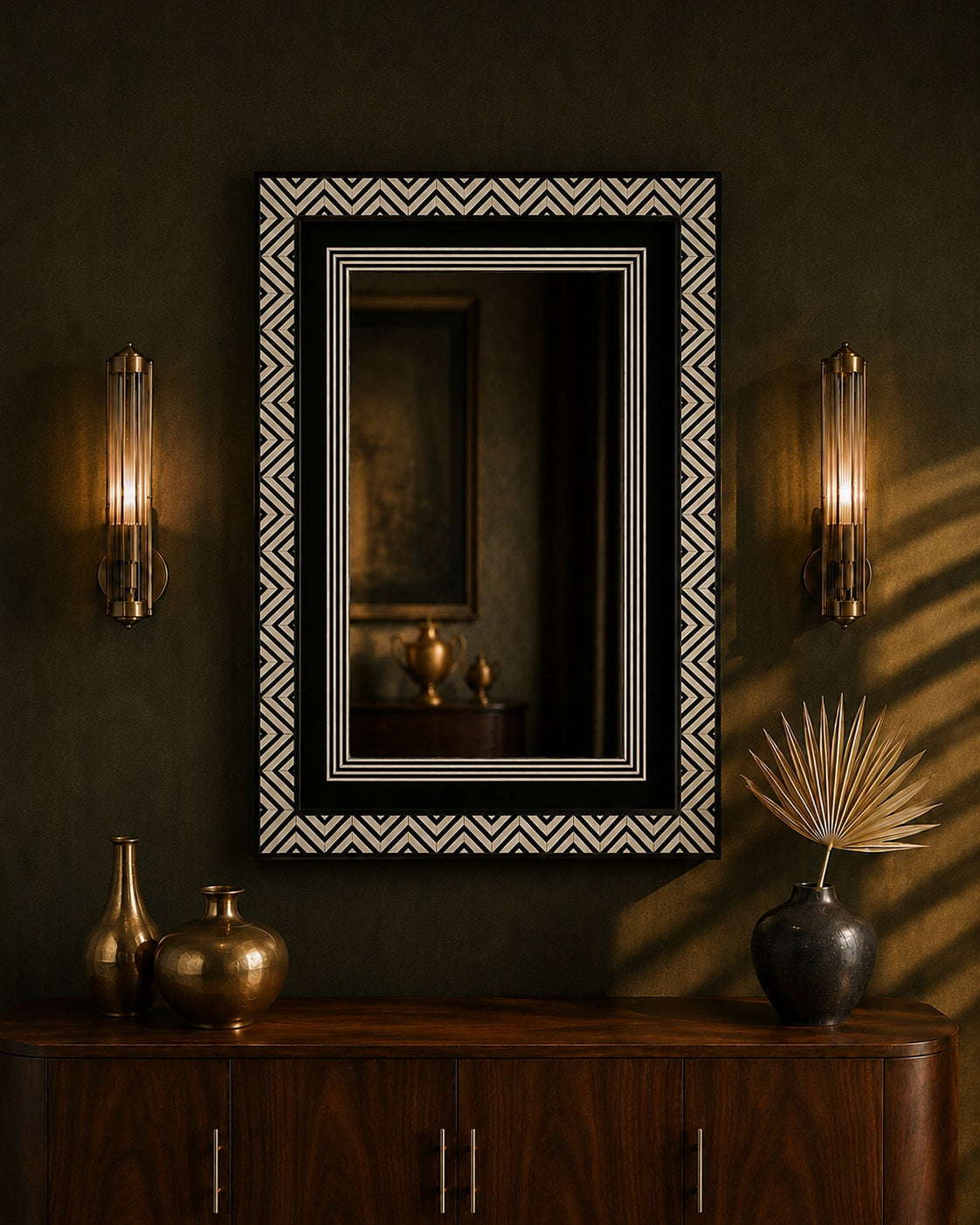 Black & White Bone Inlay Wall Mirror | Chevron Rectangular Frame