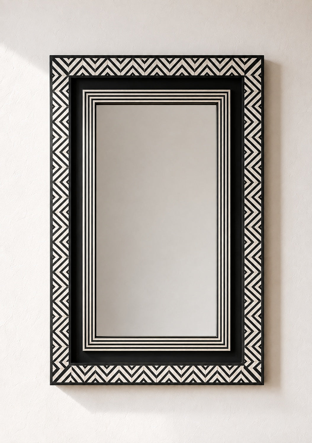 Black & White Bone Inlay Wall Mirror | Chevron Rectangular Frame