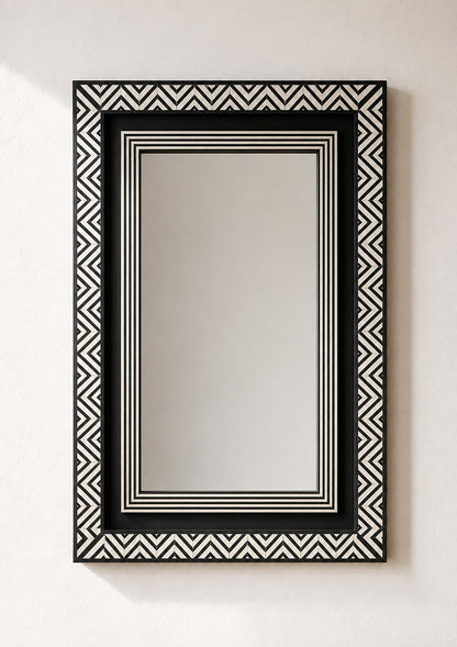 Black & White Bone Inlay Wall Mirror | Chevron Rectangular Frame