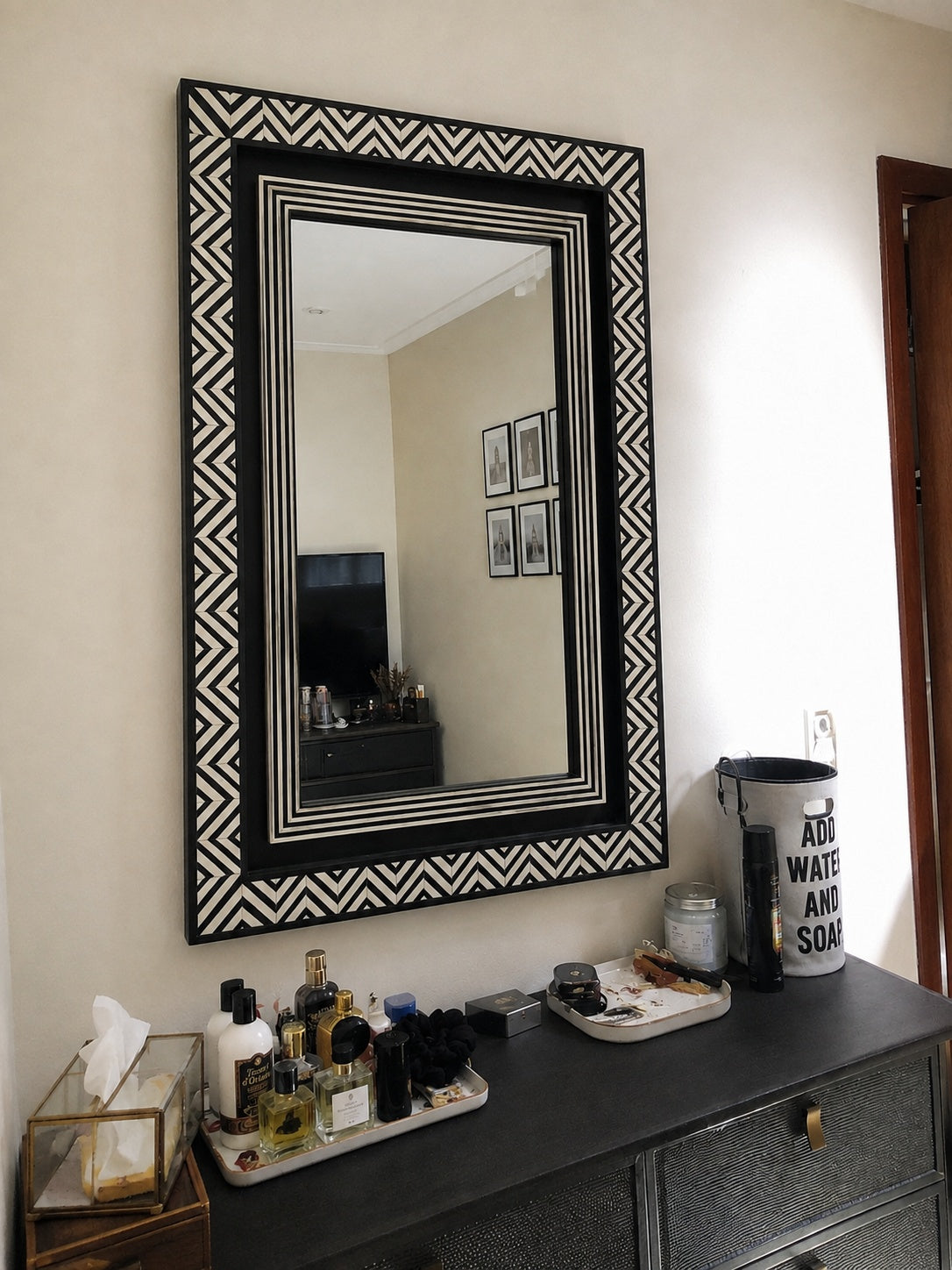 Black & White Bone Inlay Wall Mirror | Chevron Rectangular Frame