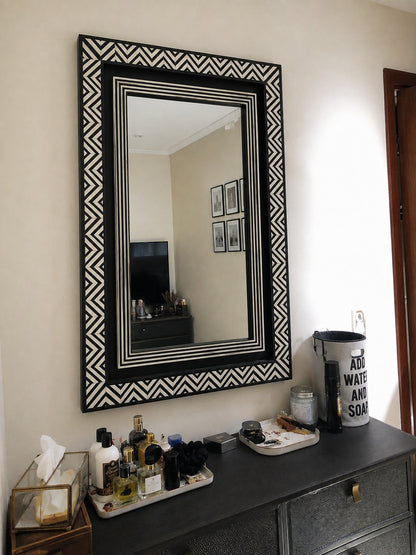 Black & White Bone Inlay Wall Mirror | Chevron Rectangular Frame