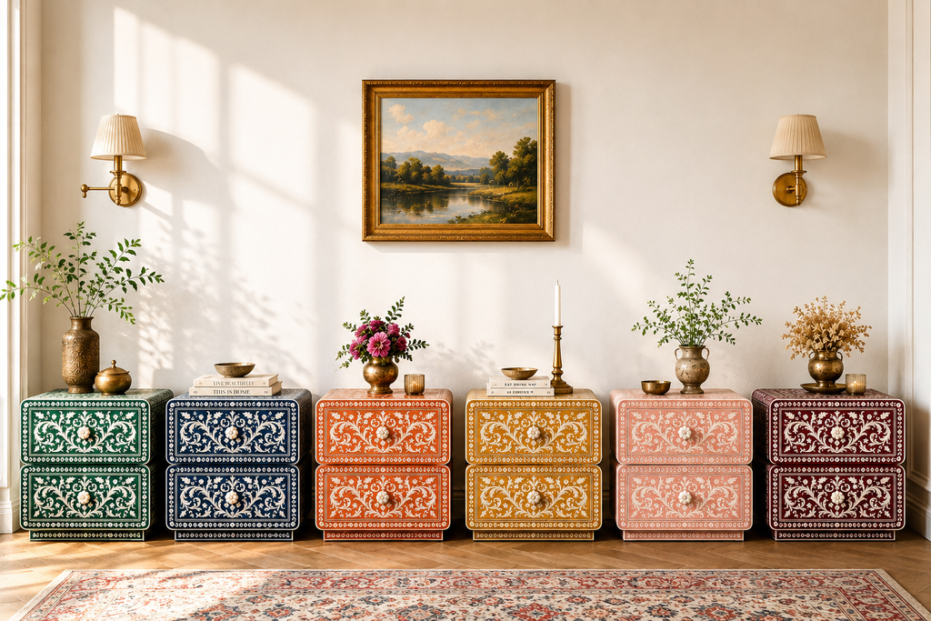 Lavender Bone Inlay Nightstand | Handcrafted 2-Drawer End Table with Floral Motif