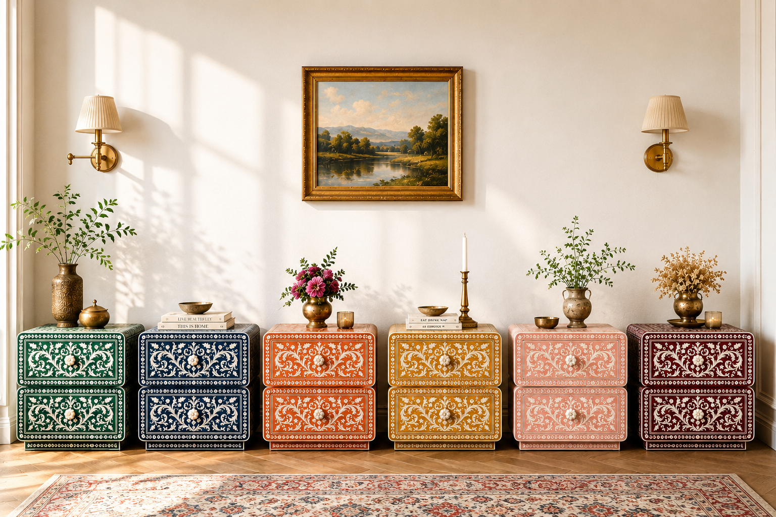 Lavender Bone Inlay Nightstand | Handcrafted 2-Drawer End Table with Floral Motif