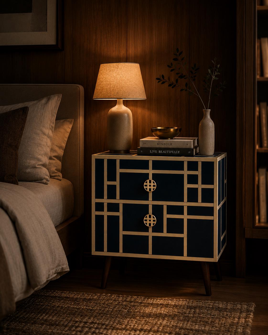 Mid Century Modern Nightstand | Navy Bone Inlay Bedside Table