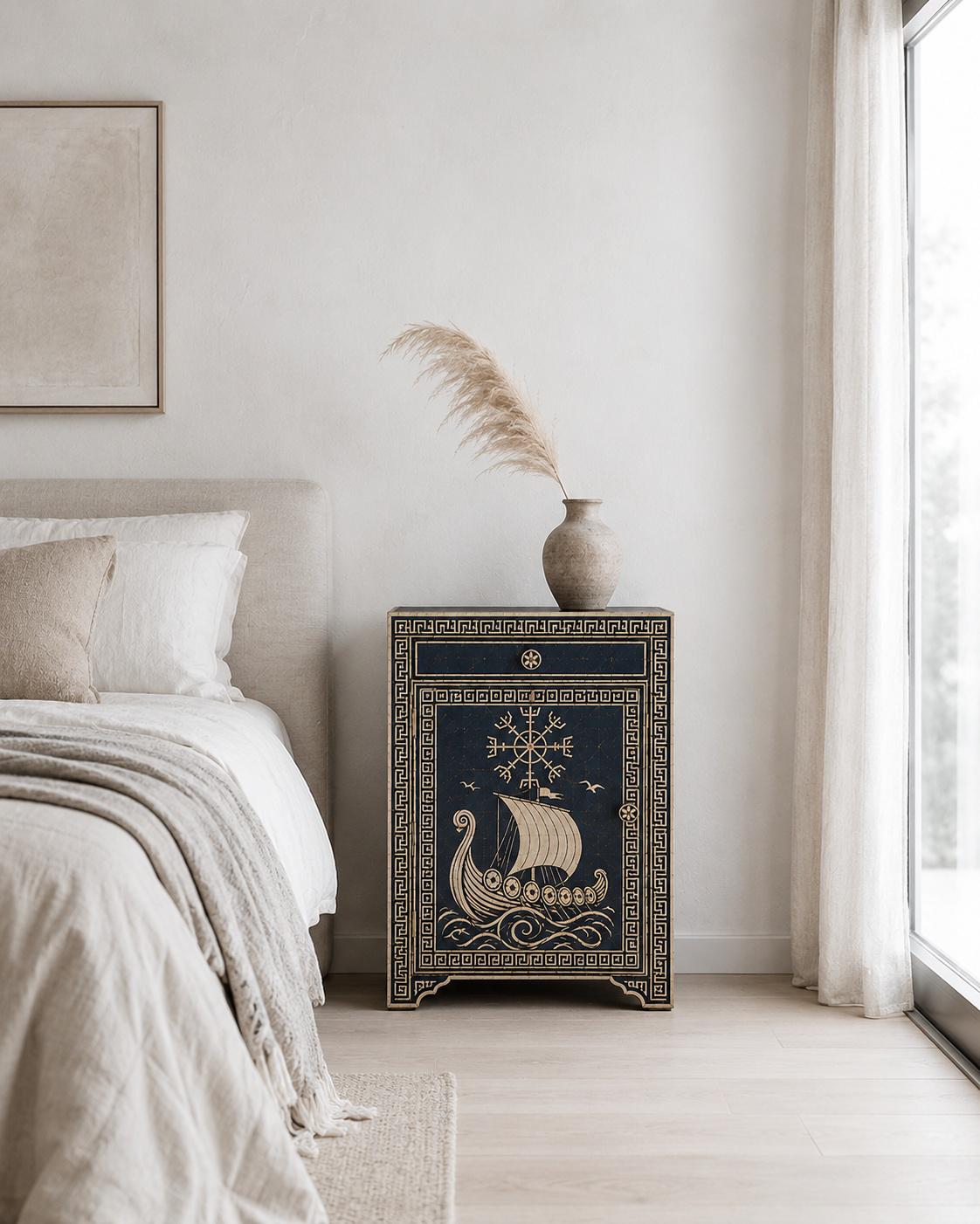 Navy Bone Inlay Nightstand | Nautical Bedside Cabinet with Door
