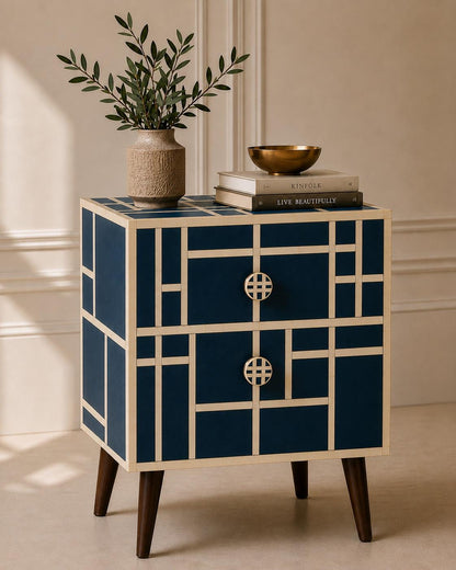 Mid Century Modern Nightstand | Navy Bone Inlay Bedside Table