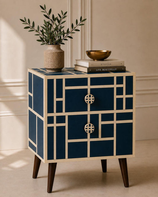 Mid Century Modern Nightstand | Navy Bone Inlay Bedside Table