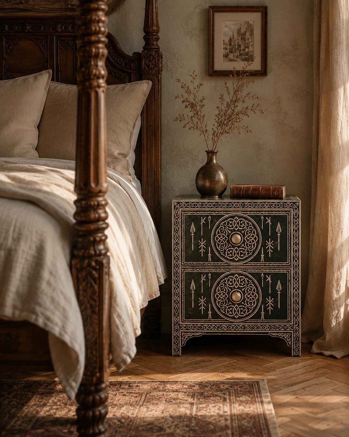 Emerald Green Bone Inlay Nightstand | Moroccan 2-Drawer Table