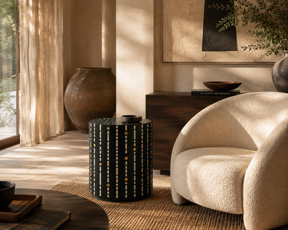 Black Bone Inlay Side Table | Dot & Dash Drum Accent Table with Brass