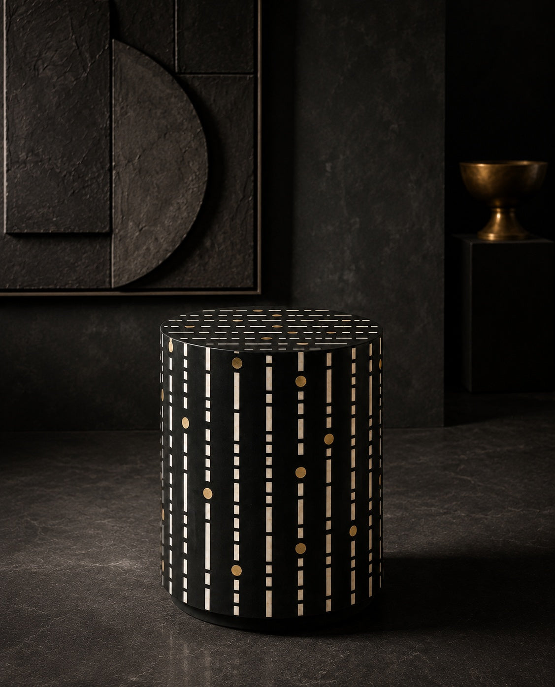 Black Bone Inlay Side Table | Dot & Dash Drum Accent Table with Brass