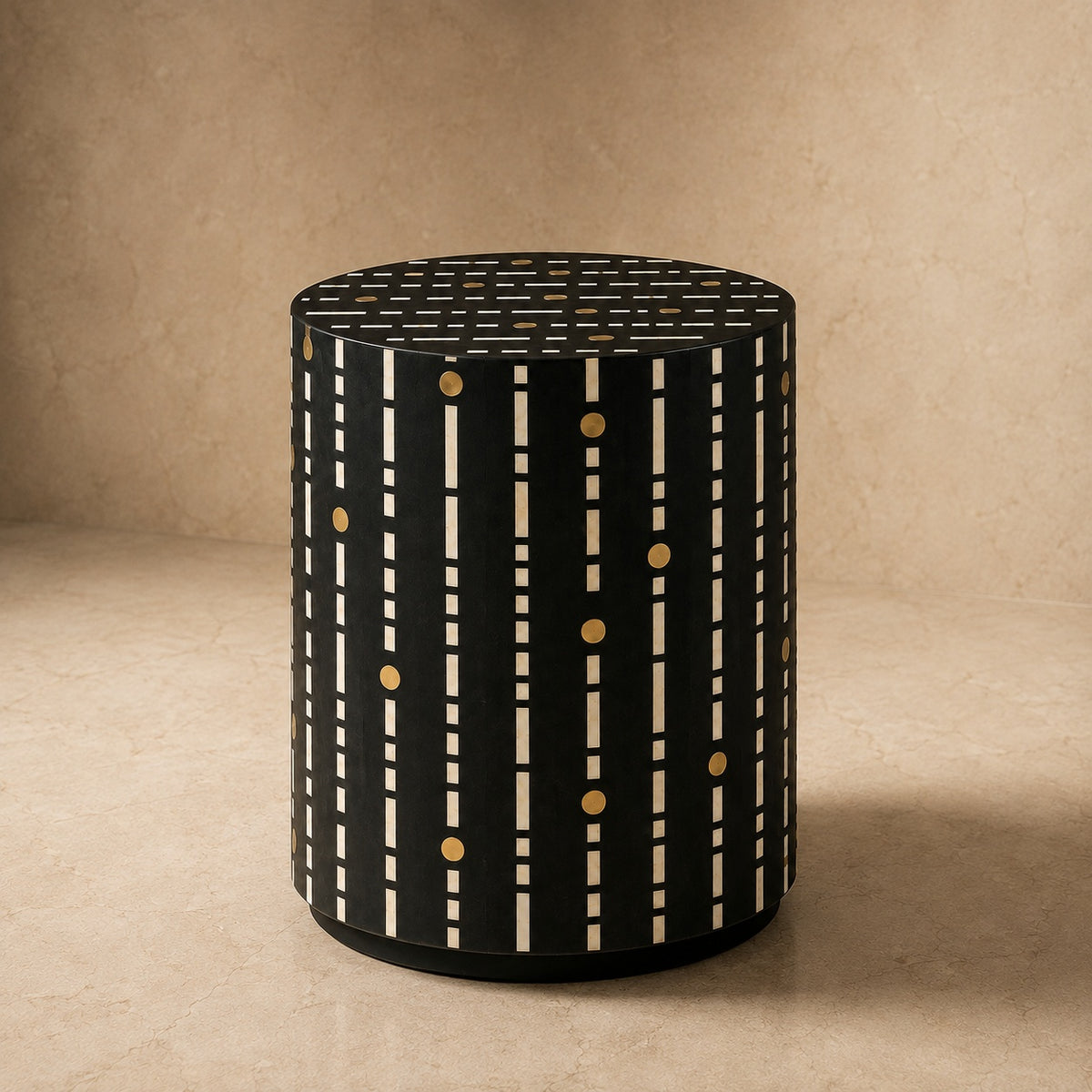 Black Bone Inlay Side Table | Dot & Dash Drum Accent Table with Brass