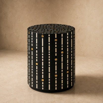 Black Bone Inlay Side Table | Dot & Dash Drum Accent Table with Brass