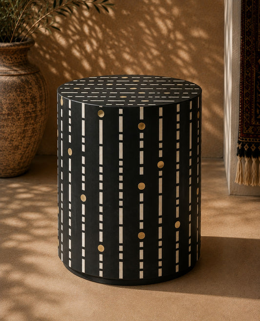 Black Bone Inlay Side Table | Dot & Dash Drum Accent Table with Brass