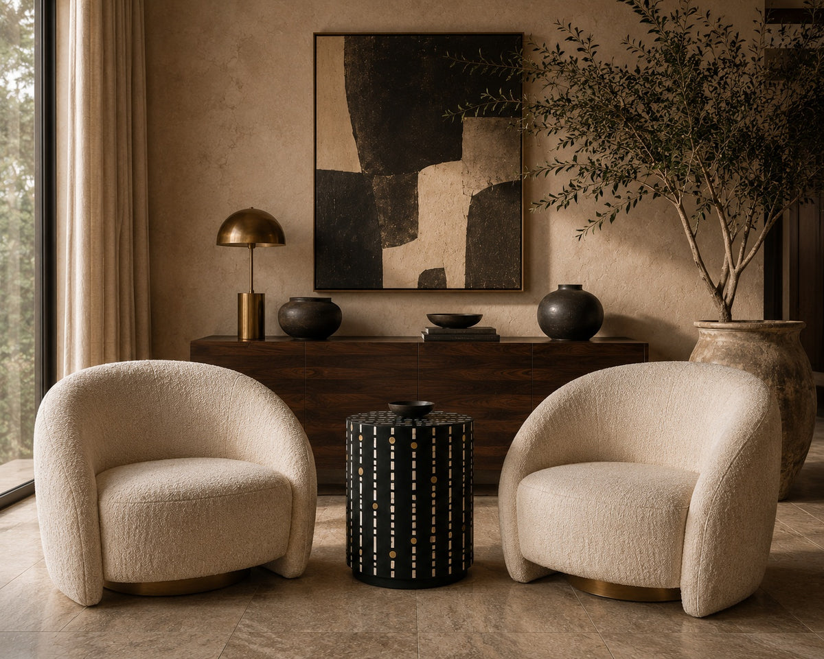 Black Bone Inlay Side Table | Dot & Dash Drum Accent Table with Brass