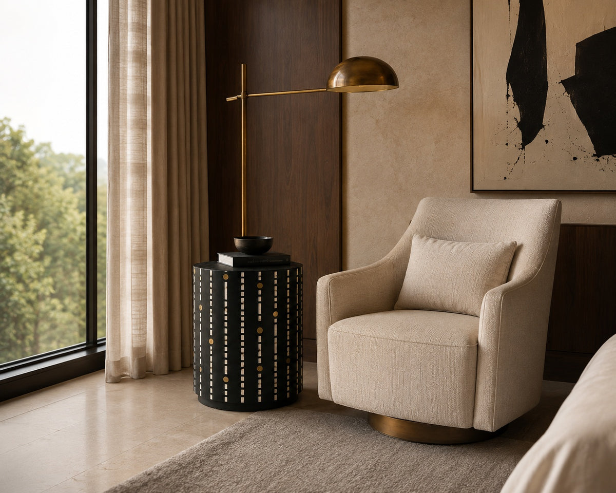 Black Bone Inlay Side Table | Dot & Dash Drum Accent Table with Brass
