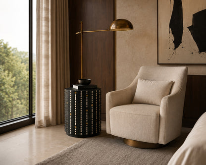 Black Bone Inlay Side Table | Dot & Dash Drum Accent Table with Brass
