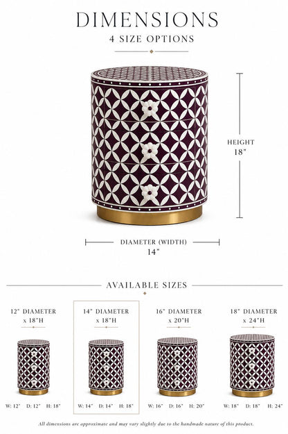 Round Bone Inlay Nightstand | Purple Moroccan 3-Drawer Table