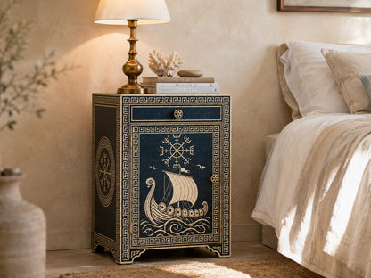 Navy Bone Inlay Nightstand | Nautical Bedside Cabinet with Door