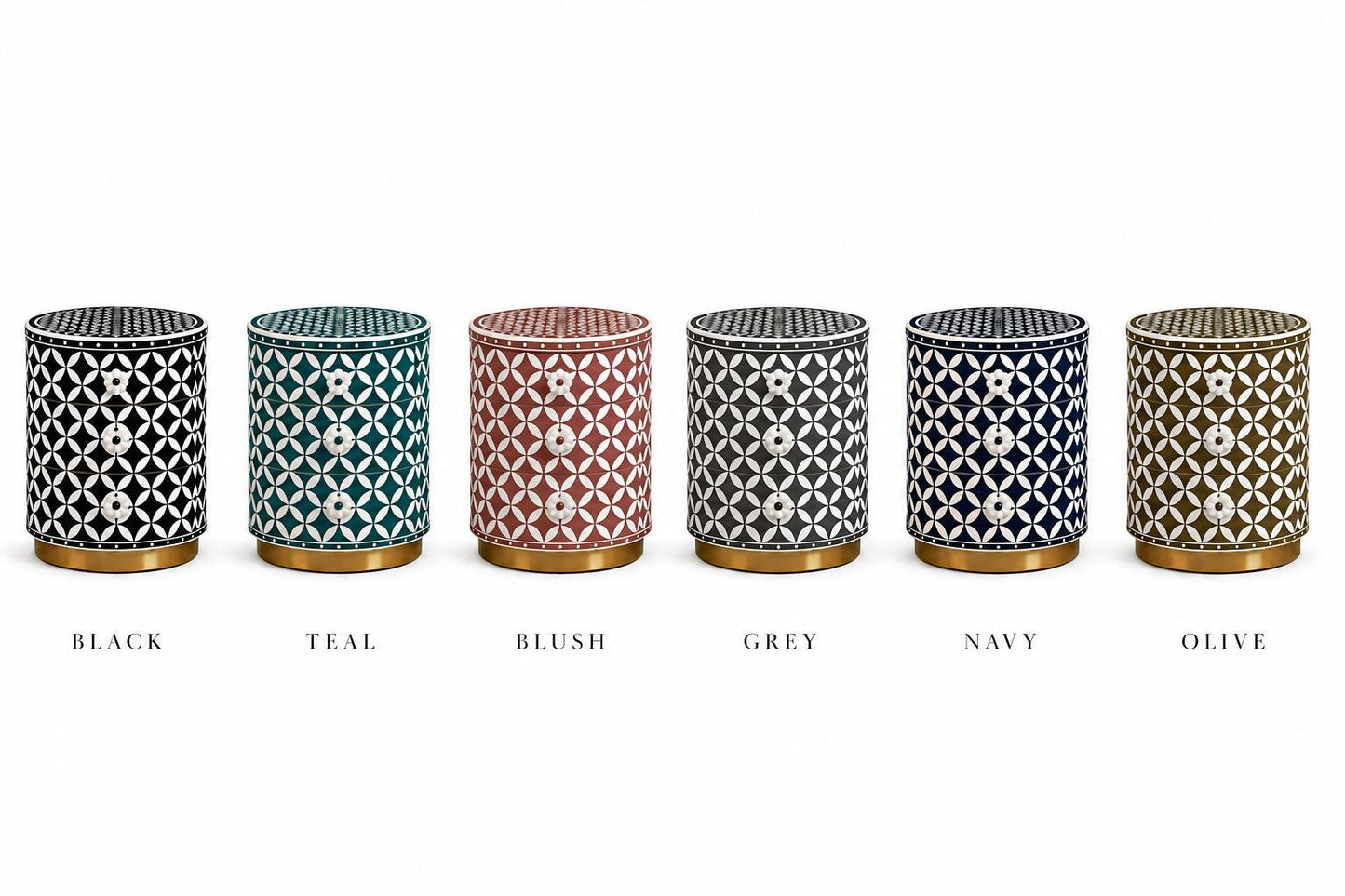 Round Bone Inlay Nightstand | Purple Moroccan 3-Drawer Table