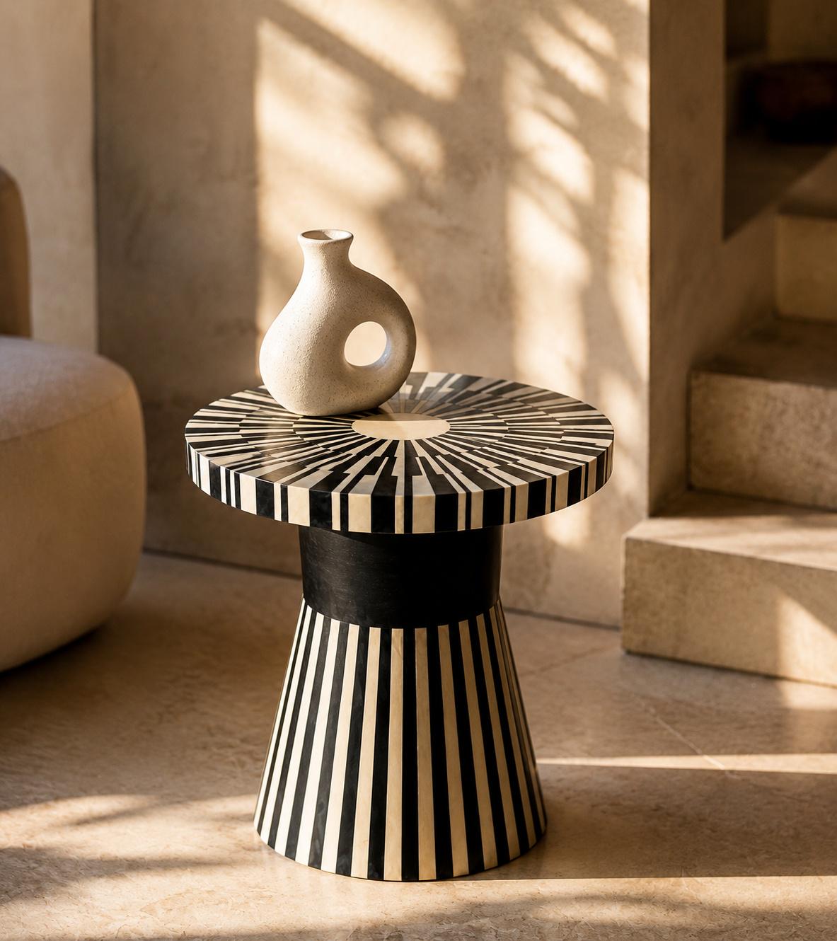 Bone Inlay Side Table | Black and White Striped Drum Accent Table
