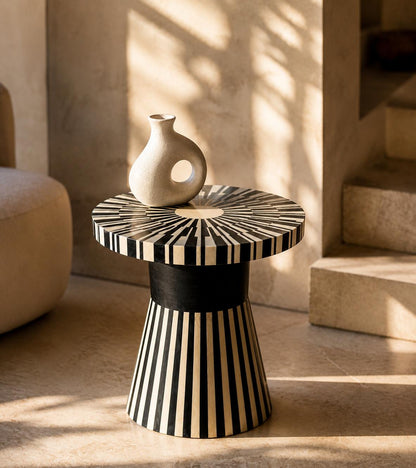 Bone Inlay Side Table | Black and White Striped Drum Accent Table