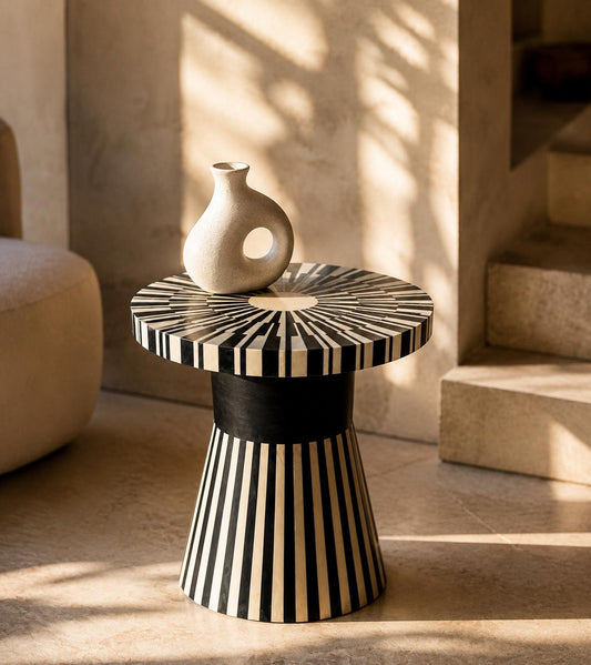 Bone Inlay Side Table | Black and White Striped Drum Accent Table