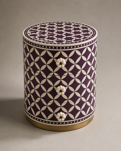 Round Bone Inlay Nightstand | Purple Moroccan 3-Drawer Table